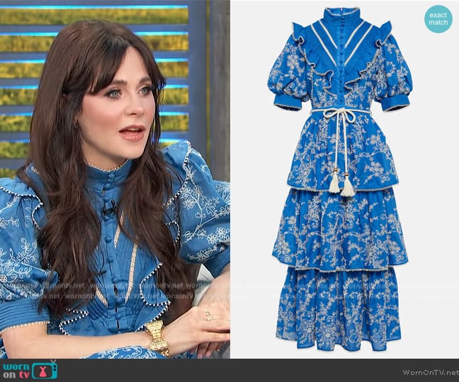 Alemais Bonnie embroidered cotton midi dress worn by Zooey Deschanel on Access Hollywood