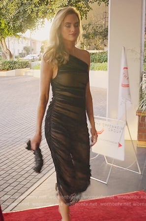 Alexandra Jarvis’s black one shoulder sheer dress on Selling Sunset