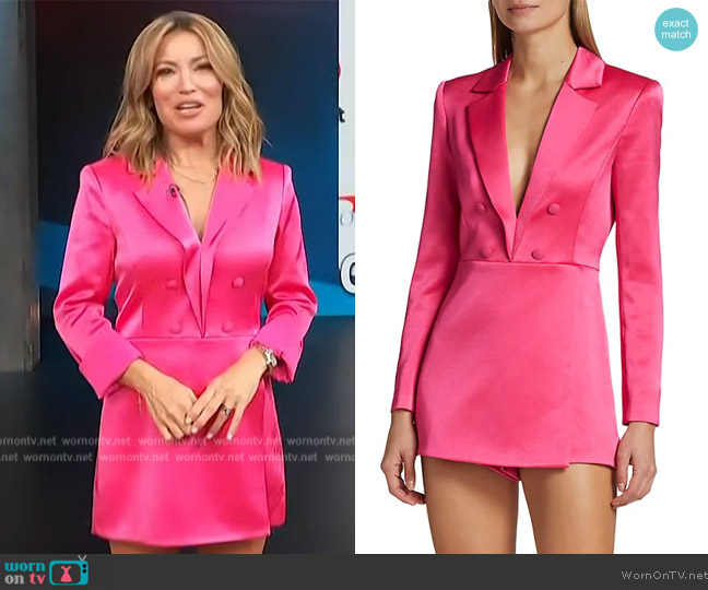 Alice + Olivia Mayra notched-collar tuxedo romper worn by Kit Hoover on Access Hollywood