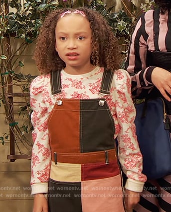Alice’s colorblock overalls and floral sweatshirt on Ravens Home