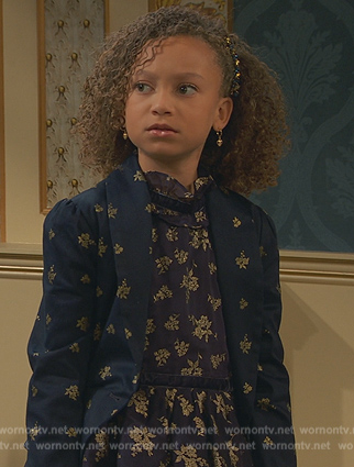 Alice’s navy floral print dress and blazer on Ravens Home