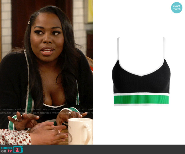 Alice + Olivia Maude Knit Bralette in Black Garden Green worn by Harper (Laci Mosley) on iCarly