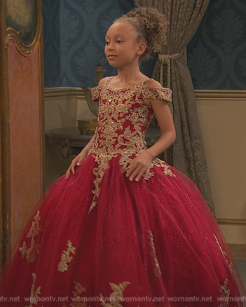 Alice’s red embroidered gown on Ravens Home