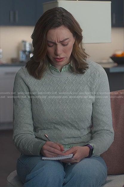 Allison’s grey pointelle sweater on So Help Me Todd