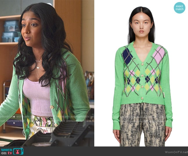 Anderson Bell Green Joy Cardigan worn by Devi Vishwakumar (Maitreyi Ramakrishnan) on Never Have I Ever