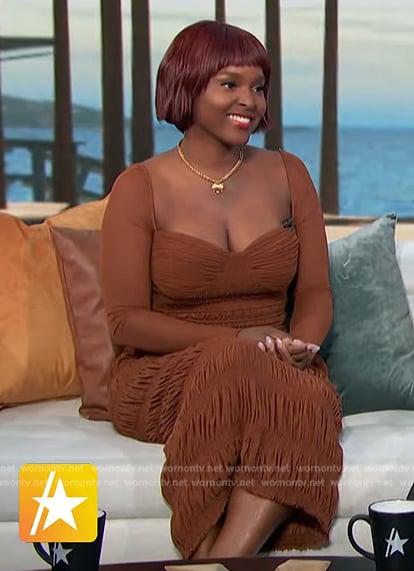 Antoinette Robertson’s brown smocked dress on Access Hollywood