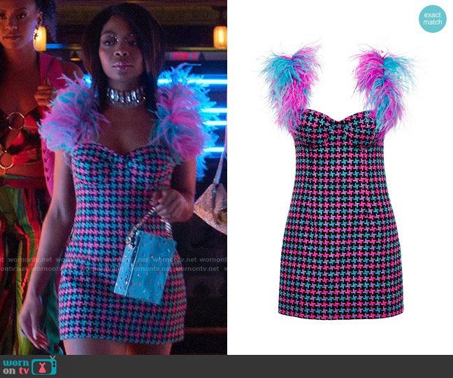 Area Feather-trimmed Houndsooth Wool And Cotton-blend Minidress worn by Renee Ross (Bresha Webb) on Run the World
