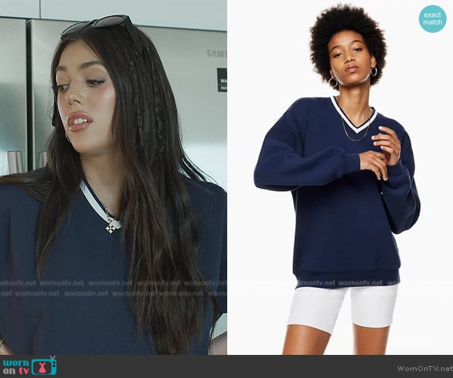 Aritzia Cozy Fleece Boyfriend V-Neck Sweatshirt worn by Sistine Stallone on The Family Stallone