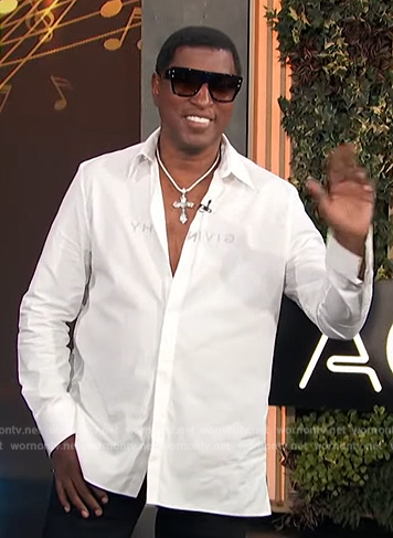 Babyface’s white Givenchy logo shirt on Access Hollywood