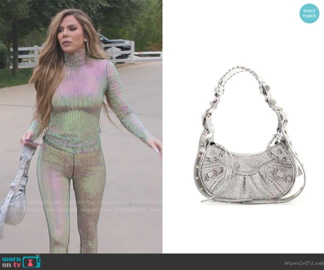 Balenciaga Le Cagole Giant Studs Shoulder Bag Rhinestones worn by Khloe Kardashian (Khloe Kardashian) on The Kardashians