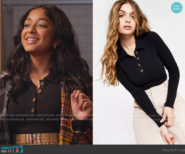 Bar III Polo-Style Ribbed Bodysuit worn by Devi Vishwakumar (Maitreyi Ramakrishnan) on Never Have I Ever