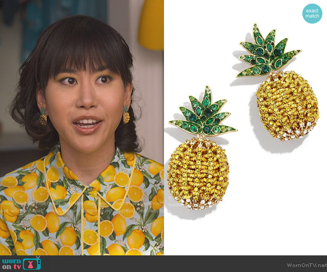 Baublebar Splash of Pineapple Pavé Statement Earrings worn by Eleanor Wong (Ramona Young) on Never Have I Ever