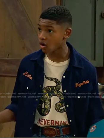Bill’s snake print tee and blue western shirt on Bunkd