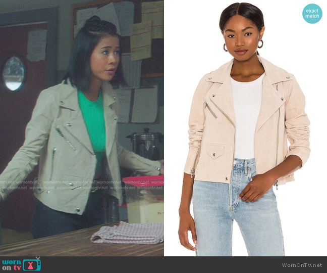 Blank NYC Suede Moto Jacket in Sunday Drive worn by George Fan (Leah Lewis) on Nancy Drew