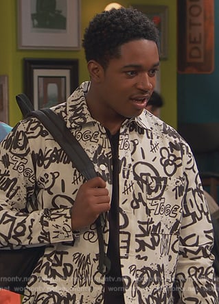 Booker’s white graffiti print overshirt on Ravens Home