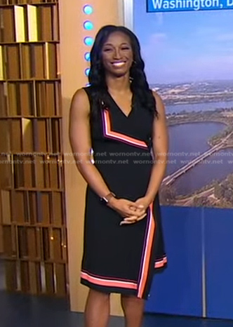 Brittany Bell’s black stripe-trim wrap dress on Good Morning America