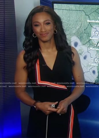 Brittany Bell’s black stripe-trim wrap dress on Good Morning America