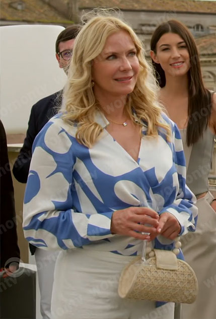 Brooke’s blue and white abstract print wrap blouse on The Bold and the Beautiful