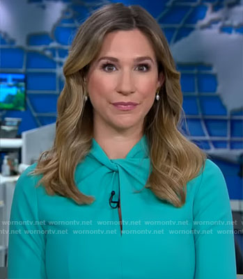 Caitlin Huey-Burns’s teal green twist-neck dress on CBS Mornings
