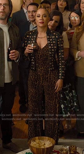 Carolyn’s leopard print jumpsuit and grommet leather jacket on Based on a True Story