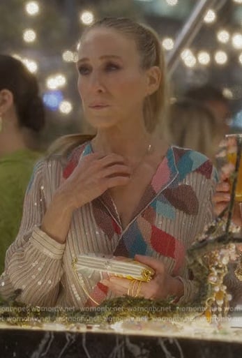 Carrie’s sequin stripe wrap jumpsuit on And Just Like That