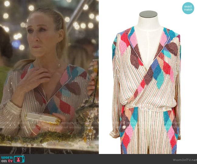 Onassisglam Vintage Beaded Sequin Jumpsuit worn by Carrie Bradshaw (Sarah Jessica Parker) on And Just Like That
