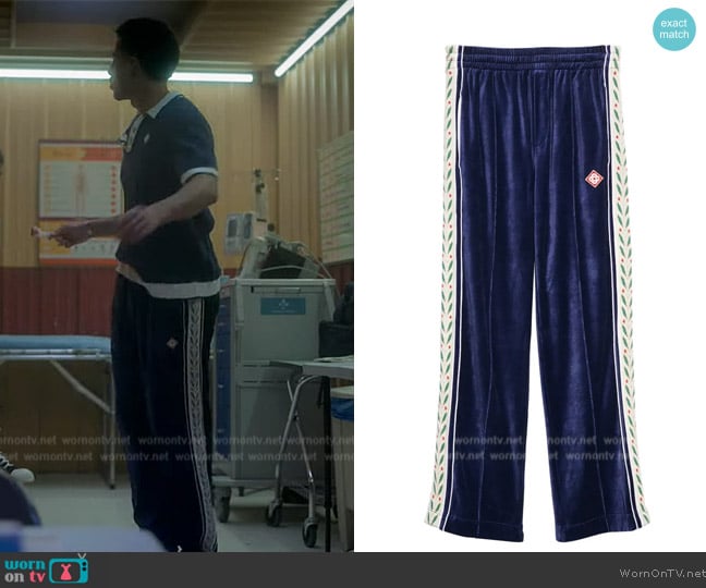 Casablanca Laurel Velour Track Pants worn by Andre Johnson, Jr. (Marcus Scribner) on Grown-ish
