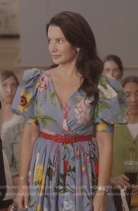 Charlotte’s blue floral print dress on And Just Like That