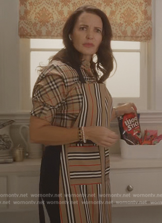 Charlotte’s plaid short sleeve blouse on And Just Like That