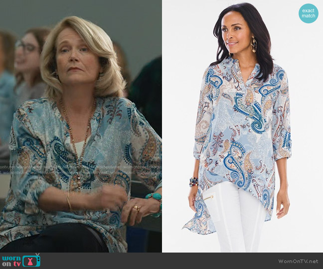 Chicos Paisley Layered Tunic worn by Karen Stone (Geraldine Deer) on Manifest