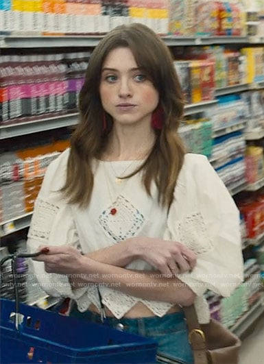 Chloe’s white crochet trim top on Based on a True Story