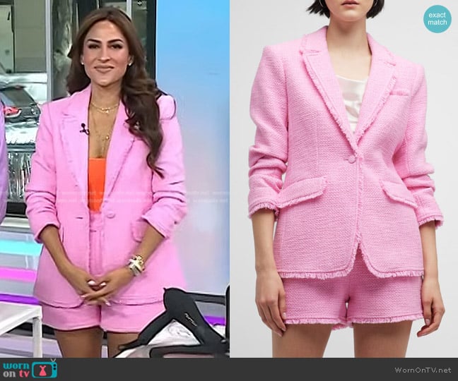 Cinq a Sept Khloe Boucle Blazer in Pink Lemonade worn by Ami Desai on Today