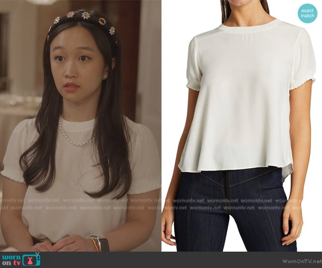 Cinq a Sept Lenny Short-Sleeve Silk Top worn by Lily Goldenblatt (Cathy Ang) on And Just Like That