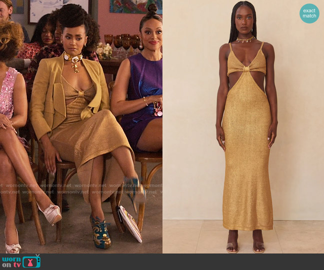Cult Gaia Serita Dress in Gold worn by Sondi Hill (Corbin Reid) on Run the World