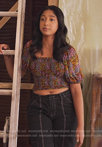 Devi’s black floral print square neck top on Never Have I Ever