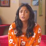 Devi’s orange floral cardigan and brown corduroy pants on Never Have I Ever