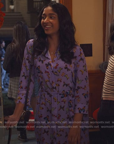 Devi’s purple butterfly print dress on Never Have I Ever