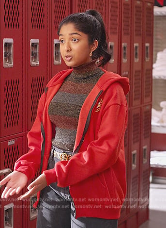 Devi’s metallic stripe turtleneck sweater on Never Have I Ever