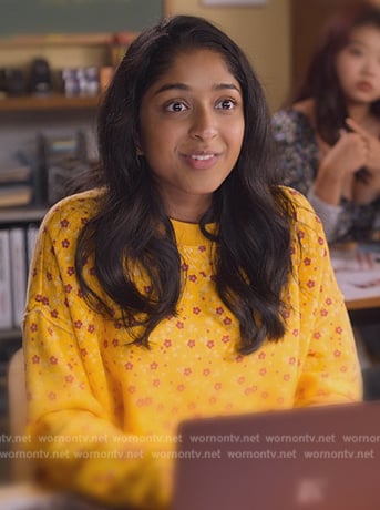 Devi’s yellow floral print sweatshirt on Never Have I Ever