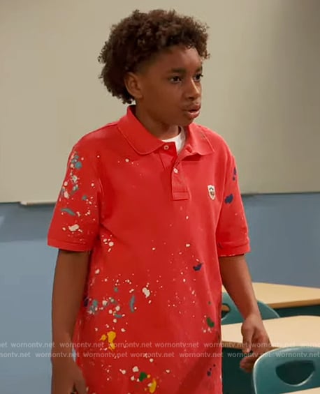 Dylan’s red splatter print polo on Ravens Home