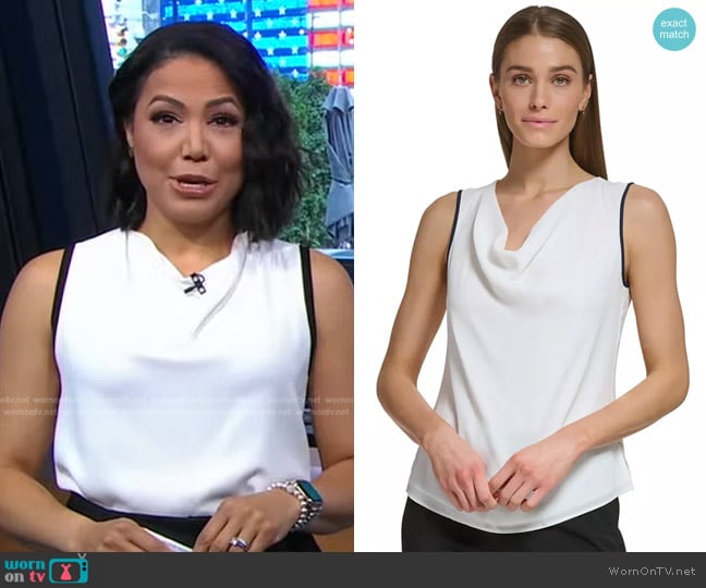 DKNY Cowl Neck Sleeveless Contrast-Trim Blouse worn by Stephanie Ramos on Good Morning America