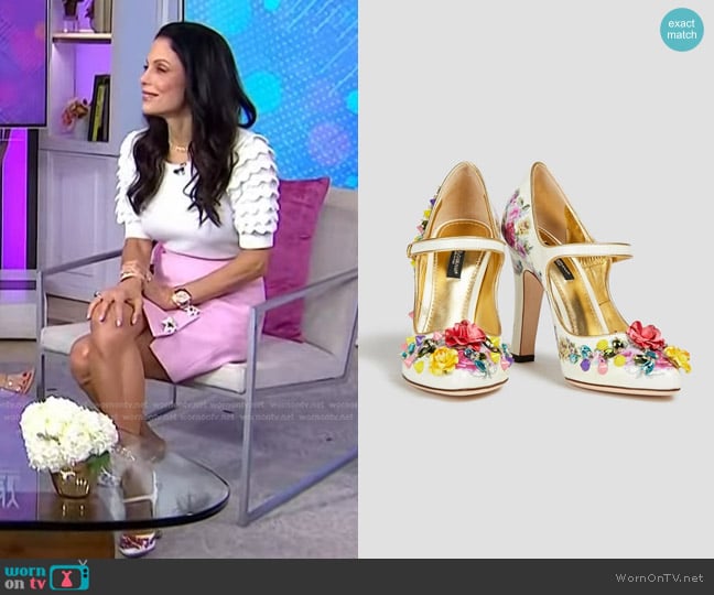 Dolce & Gabbana Embellished Floral-Print Patent-Leather Mary Jane Pumps worn by Bethenny Frankel on Today
