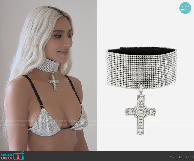 Dolce and Gabbana Crystal mesh choker with cross worn by Kim Kardashian (Kim Kardashian) on The Kardashians