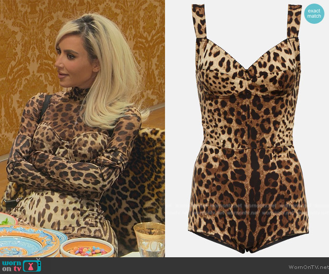 Dolce and Gabbana Leopard-print corset bodysuit worn by Kim Kardashian (Kim Kardashian) on The Kardashians