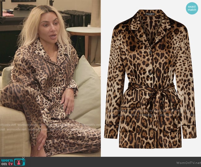 Dolce and Gabbana Leopard-print satin pajama shirt worn by Kim Kardashian (Kim Kardashian) on The Kardashians