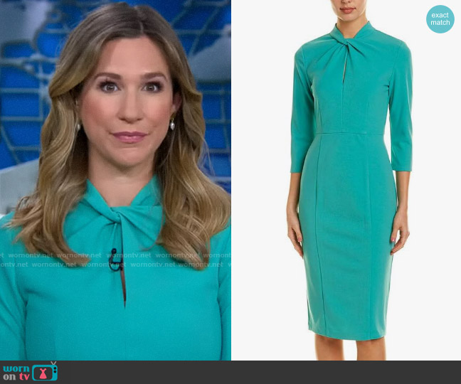 Donna Morgan Stretch Crepe 3/4 Sleeve Twisted Neckline Sheath Dress in Sea Green worn by Caitlin Huey-Burns on CBS Mornings
