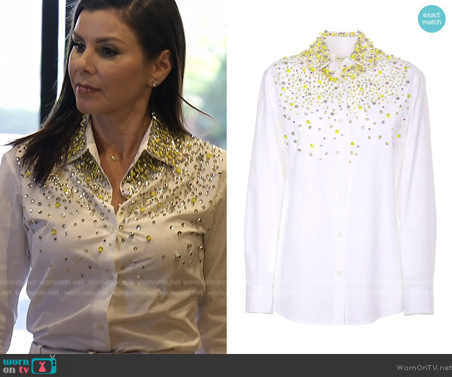 Dries Van Noten Pearl-Embellished Button-Up Shirt worn by Heather Dubrow on The Real Housewives of Orange County
