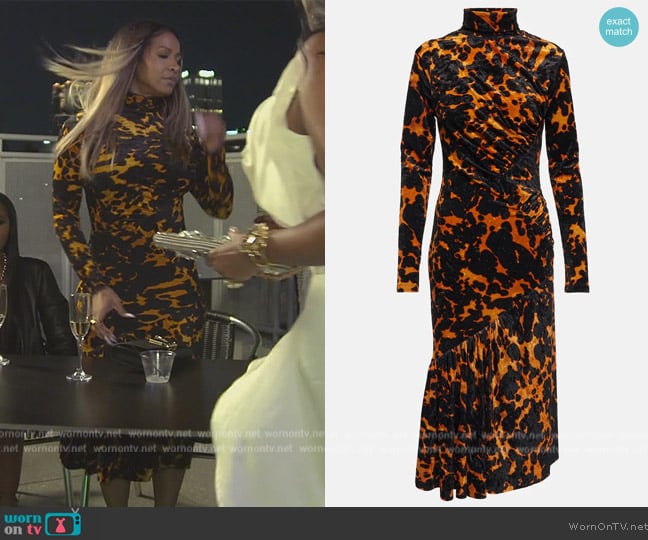 Dries Van Noten Printed stretch-velvet midi dress worn by Sheree Whitefield on The Real Housewives of Atlanta