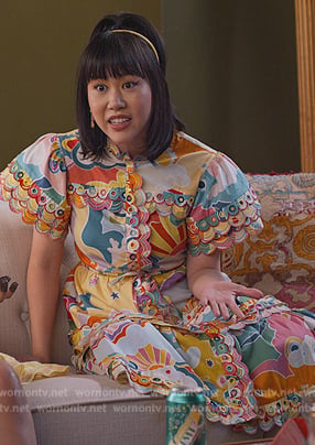 Eleanor’s multicolored print scalloped trim dress on Never Have I Ever
