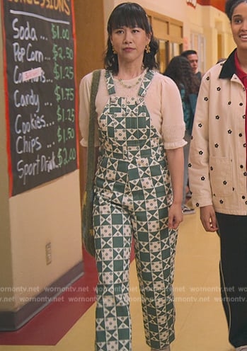 Eleanor’s green printed overalls on Never Have I Ever